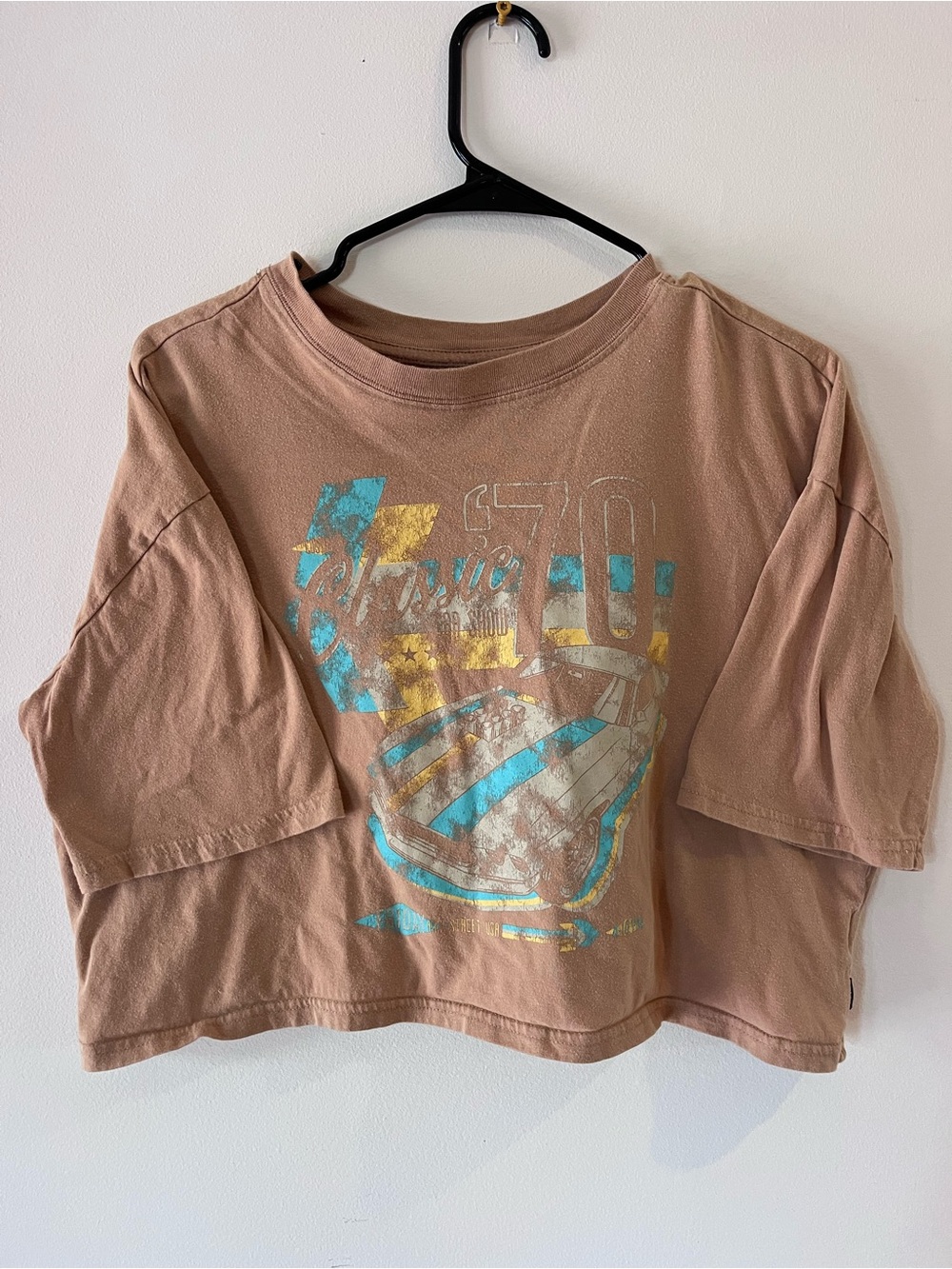 Cropped Brown Graphic Tee with Metallic Print